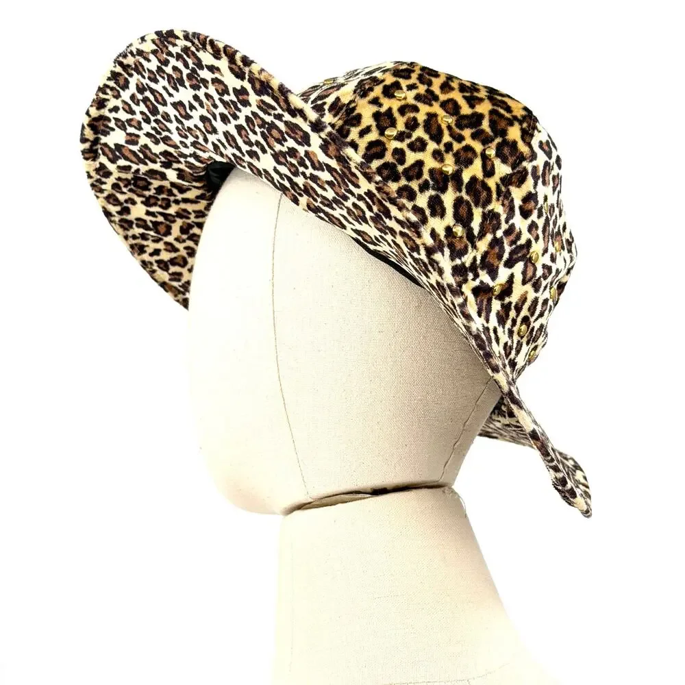 Vintage 90s Leopard Velvet Gold Studded Wire Brim Bucket Hat - Picture 6 of 9